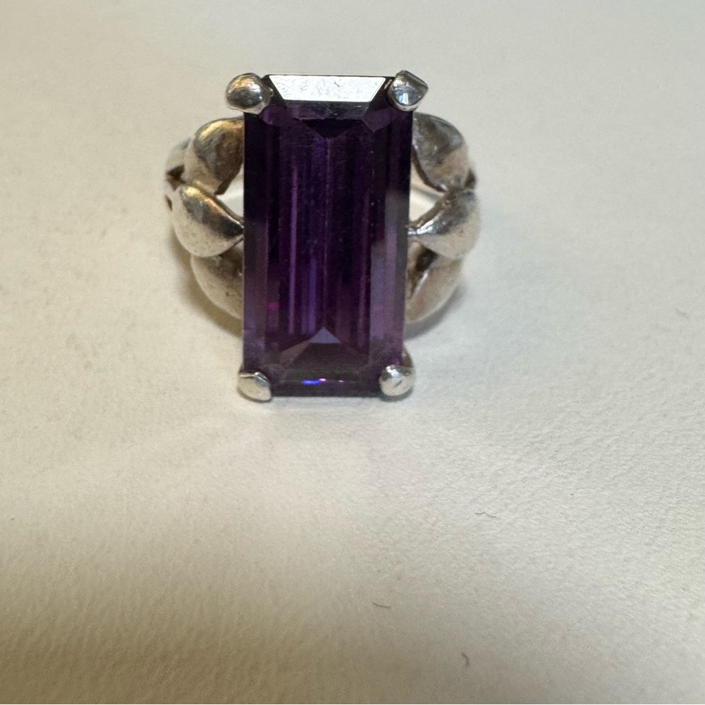 925 Rectangular Baguette Cut Amethyst Ring - image 4